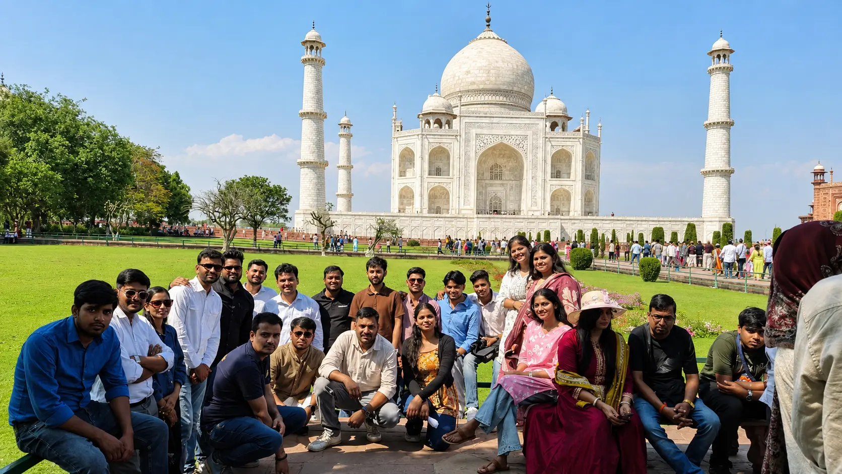 Team photo with Taj Mahal background
